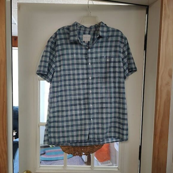New American Eagle Blue Checked Short Sleeve Button Down Shirt Men's L - Picture 1 of 2